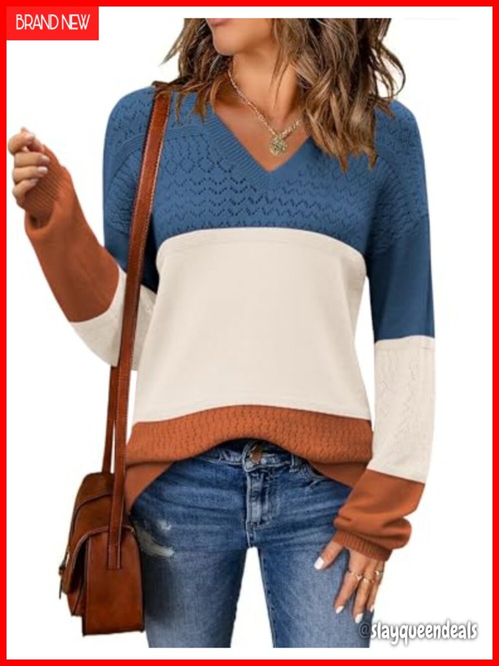 V Neck Long Sleeve Pullover Sweater Loose Fit Knit Top